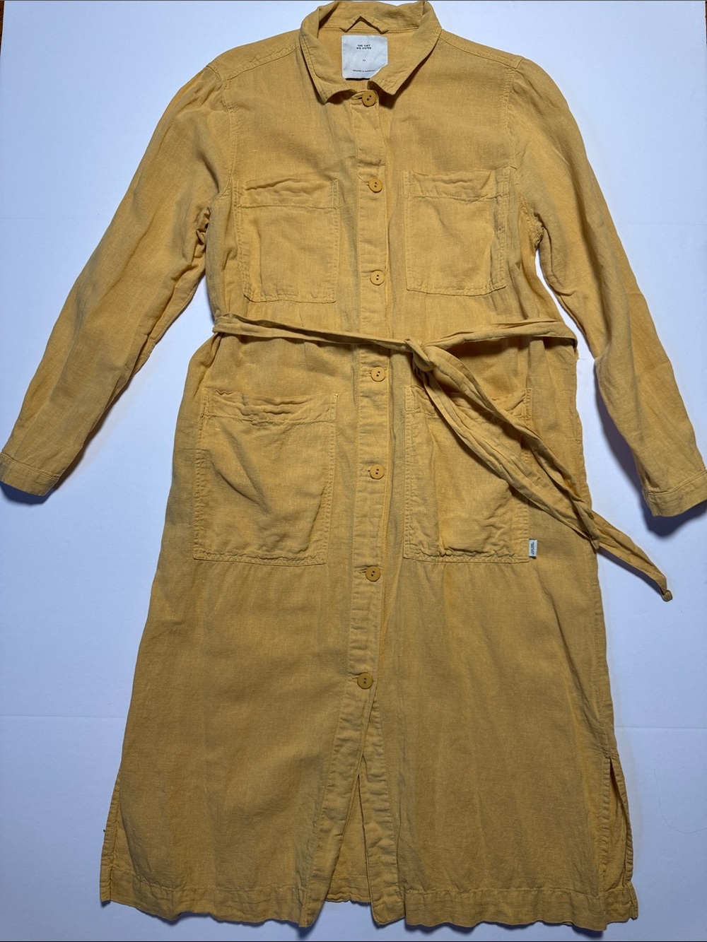 THE TINY BIG SISTER Midi Shirt Dress Mustard Button-Front Belted Cotton Linen 36